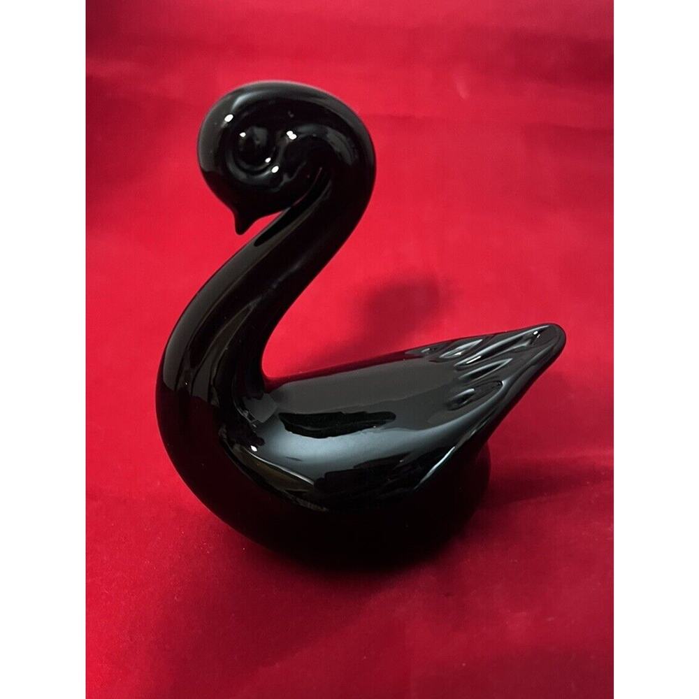 Titan Art Glass Graceful Swan Figurine Black Paperweight Signed